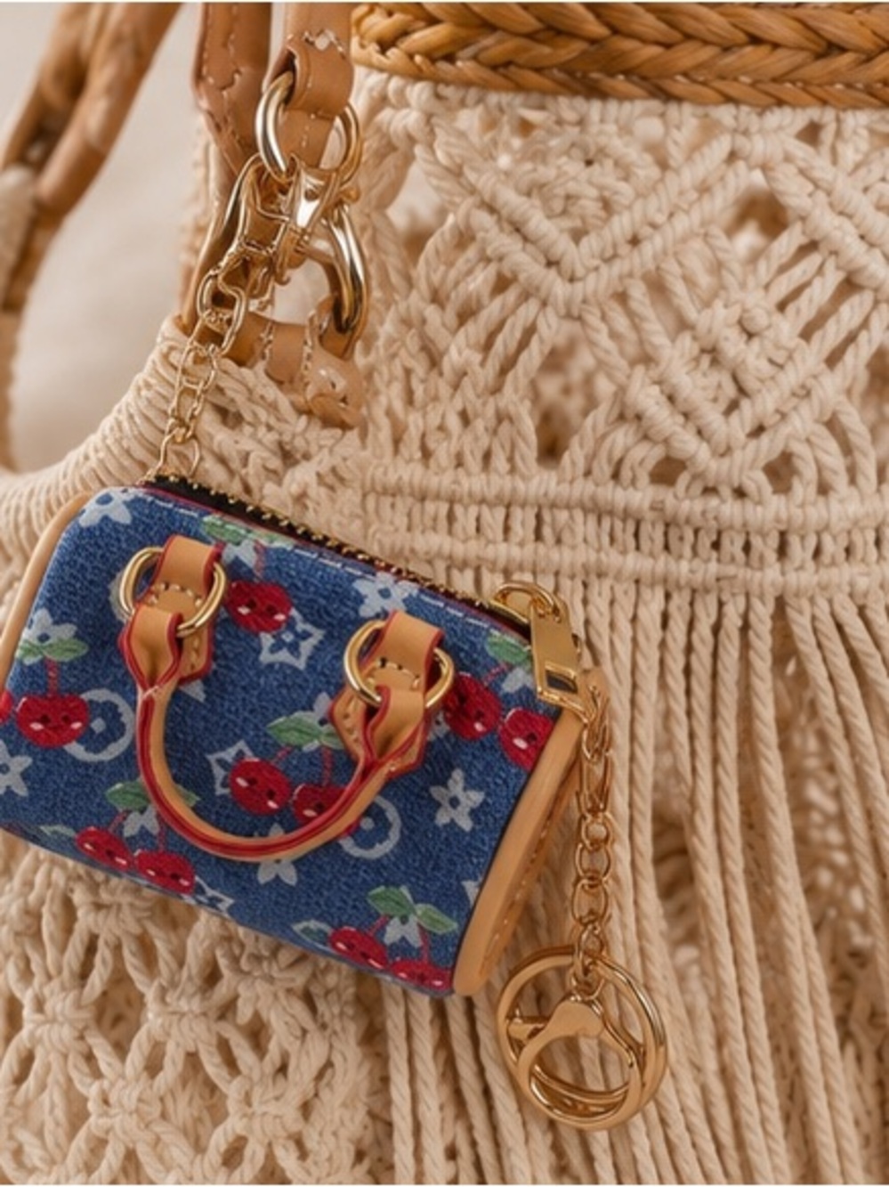 Mini Cherry Print Barrel Bag | Designer Inspired | - Picture 3 of 4